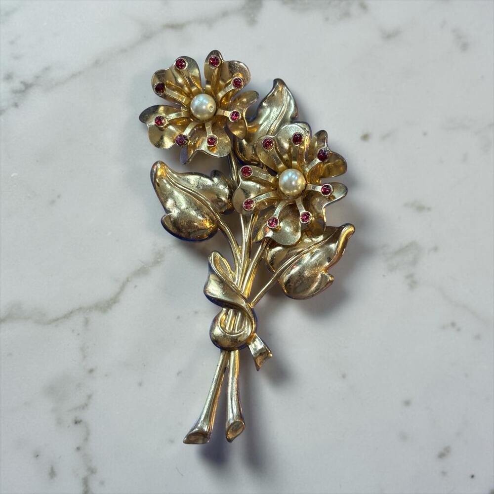 Vintage Gold Tone Floral Bouquet Brooch Faux Pearl & Red Rhinestone Pin